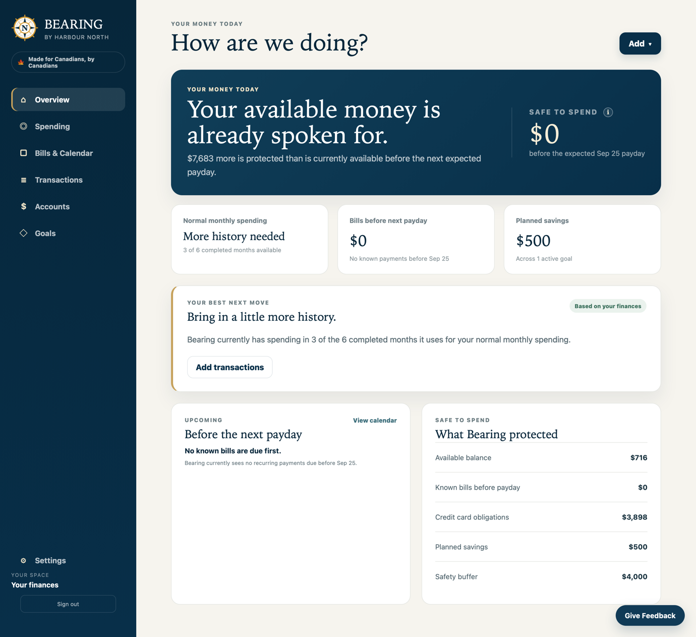 Bearing budgeting overview showing Safe to Spend, upcoming bills, planned savings and account balance guidance